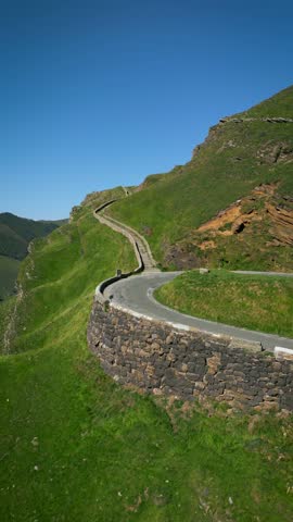 A scenic vertical view of the Lunada Pass in the evergreen  Cantabrian Mountains in Burgos, Spain