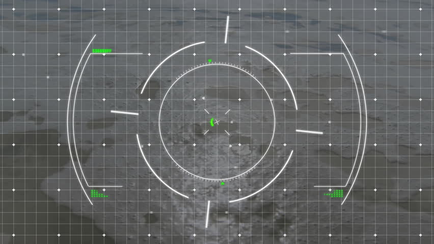 Targeting system animation overlaying aerial view of landscape. Surveillance, technology, military, drone, satellite, reconnaissance