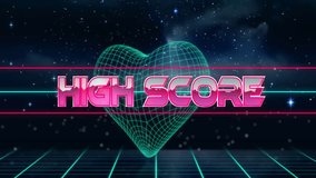 High score text animation over neon grid heart and starry background. Retro, arcade, gaming, digital, glowing, vibrant - Powered by Shutterstock - Get 15% off with code: PIKWIZARD15