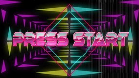 Press Start text animation over neon geometric shapes in tunnel pattern. Retro, vintage, gaming, futuristic, digital, vibrant - Powered by Shutterstock - Get 15% off with code: PIKWIZARD15
