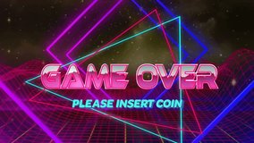 Game Over text animation with 'Please Insert Coin' over neon geometric shapes. Arcade, retro, vintage, gaming, colorful - Powered by Shutterstock - Get 15% off with code: PIKWIZARD15