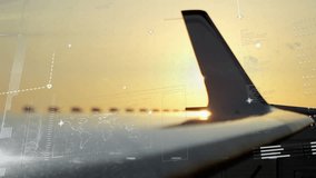 Analyzing system and functioning text animation over airplane wing during flight. Technology, aerospace, aviation, analysis, in-flight, data - Powered by Shutterstock - Get 15% off with code: PIKWIZARD15