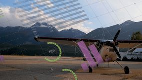 Charts and graphs animation over small airplane on mountain runway. data, business, finance - Powered by Shutterstock - Get 15% off with code: PIKWIZARD15