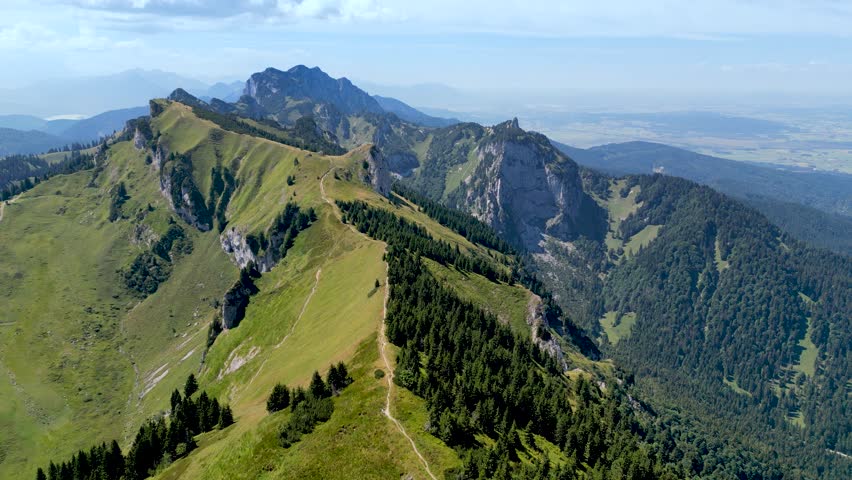 Aerial view, drone flight with view of Brauneck mountains in Bavarian Alps, Germany.