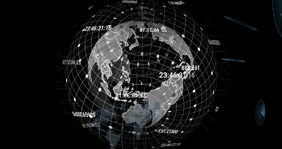 Animation of data processing over globe on black background. Global technology, computing and digital interface concept digitally generated video.