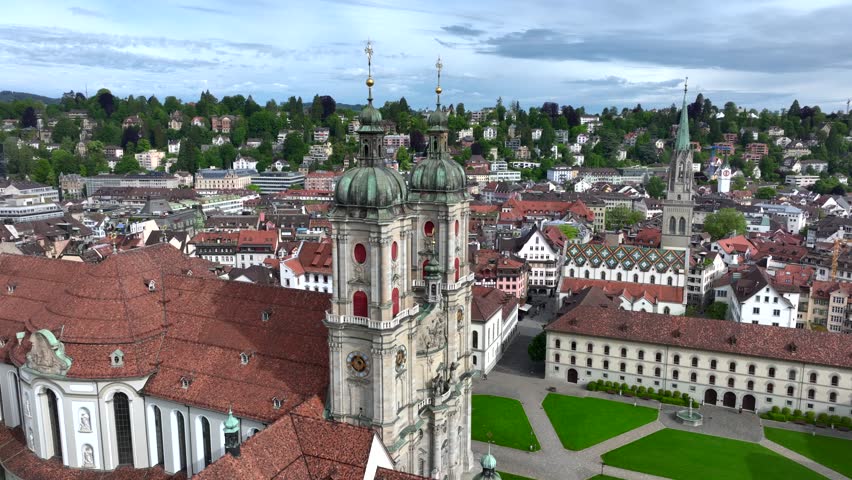 St. Gallen Cityscape Skyline, Abbey Cathedral of Saint Gall in Switzerland in a day. Beautiful Aerial View with drone. 