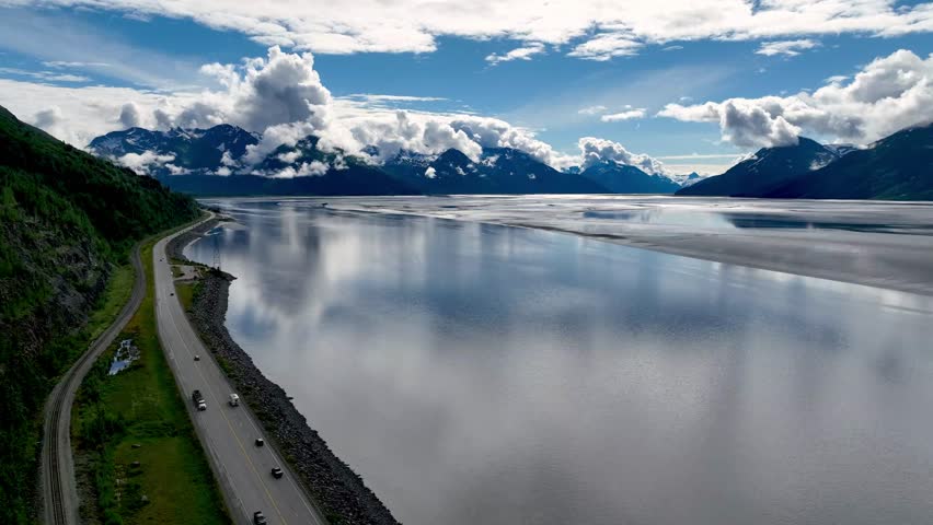 aerial roadway along turnagain arm in alaska near anchorage