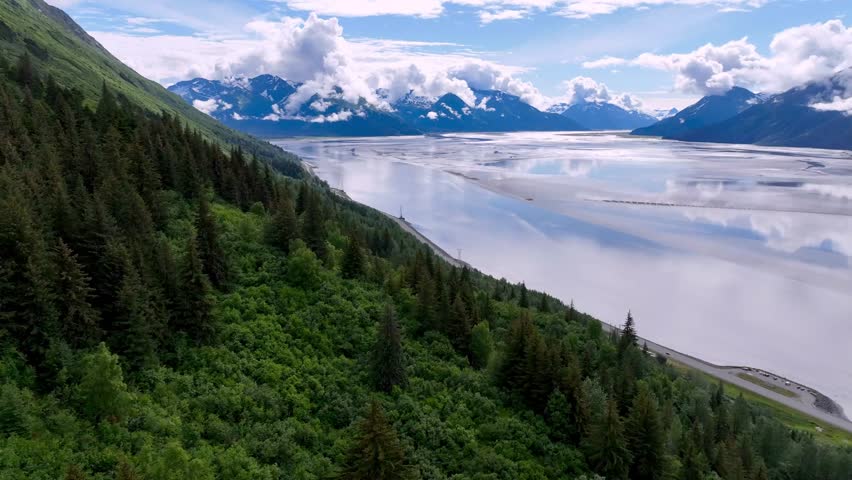 aerial push in overlooking the turnagain arm in alaska
