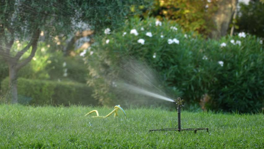 Garden sprinkler watering lush green plants in backyard with trees and grass. Irrigation system works in city on hot summer day for plant care