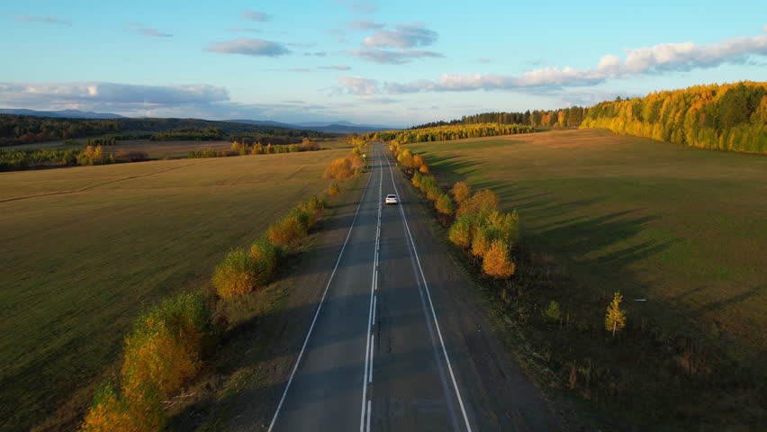 One white car driving on an asphalt road in the autumn season, aerial view. Picturesque autumn landscapes during sunset. A trip to picturesque places in autumn. Drone view 