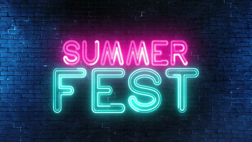 Summer Fest neon sign. Summer Fest text font with neon light. Luminous and shimmering haze inside the letters of the text Summer Fest. 