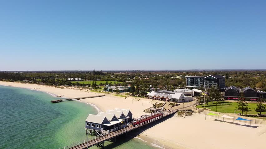Busselton Jetty and coastline reverse aerial view