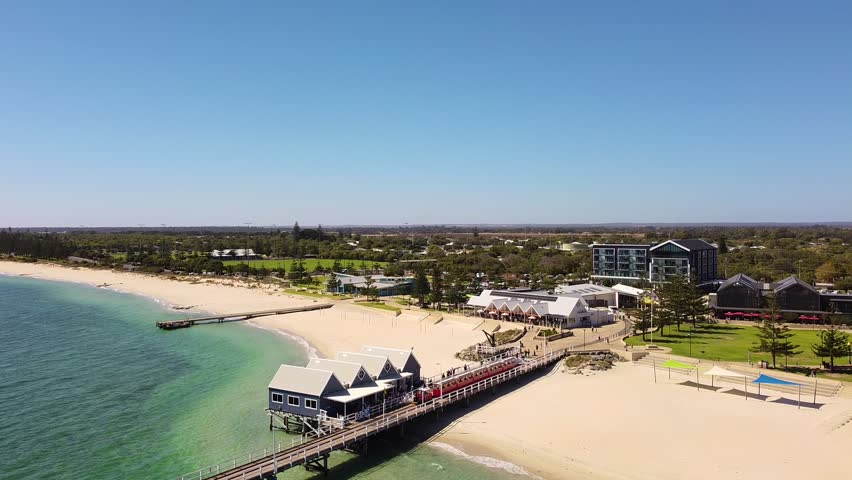 Busselton Jetty aerial view looking over beachfront