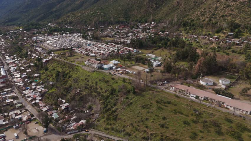 Aerial view of San José de Maipo, a picturesque commune located in the Cordillera Province of Chile. orbit motion shot