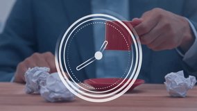 Animation of clock moving over caucasian businessman drinking coffee. Technology, business and digital interface concept digitally generated video. - Powered by Shutterstock - Get 15% off with code: PIKWIZARD15
