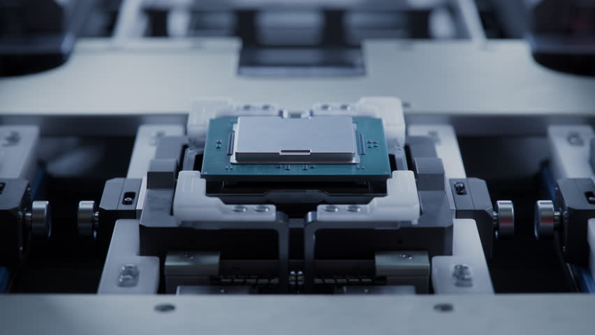 Close-up of Computer Chip on Automated Production Line. Heat Spreader Attachment to Advanced Processor on Automated Conveyor at Electronics Factory. Microchip Manufacturing Facility.