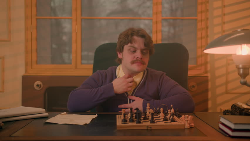 lonely mustachioed man in a vintage office plays chess with himself. The boss plays a board game at his desk.