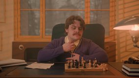 lonely mustachioed man in a vintage office plays chess with himself. The boss plays a board game at his desk. - Powered by Shutterstock - Get 15% off with code: PIKWIZARD15