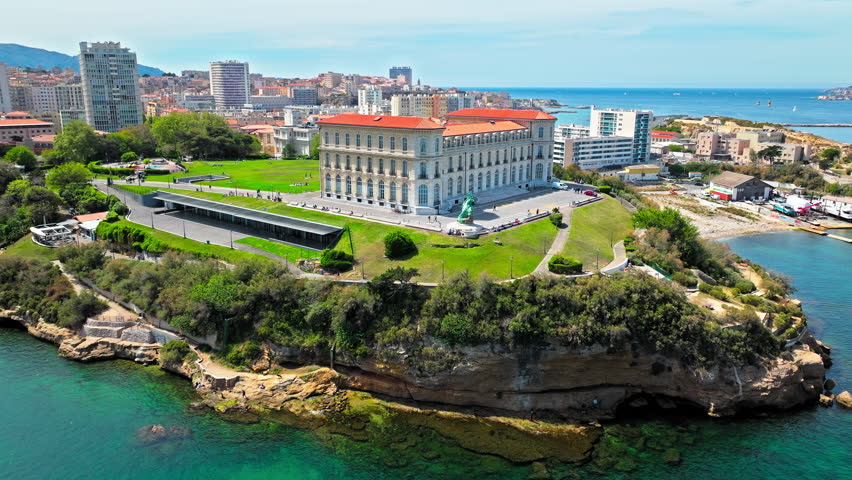 Aerial View Of Palais du Pharo Overlooking Seafront In Marseille, France. French Cultural landmark, conference centre with gardens overlooking the seafront.