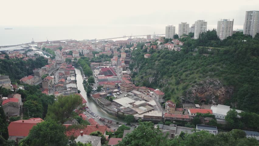 Scenic panoramic view of Rijeka port city on Adriatic seacoast from Trsat castle, Croatia