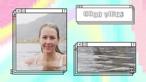 Animation of good vibes text over caucasian woman swimming. Technology, business and digital interface concept digitally generated video. - Powered by Shutterstock - Get 15% off with code: PIKWIZARD15