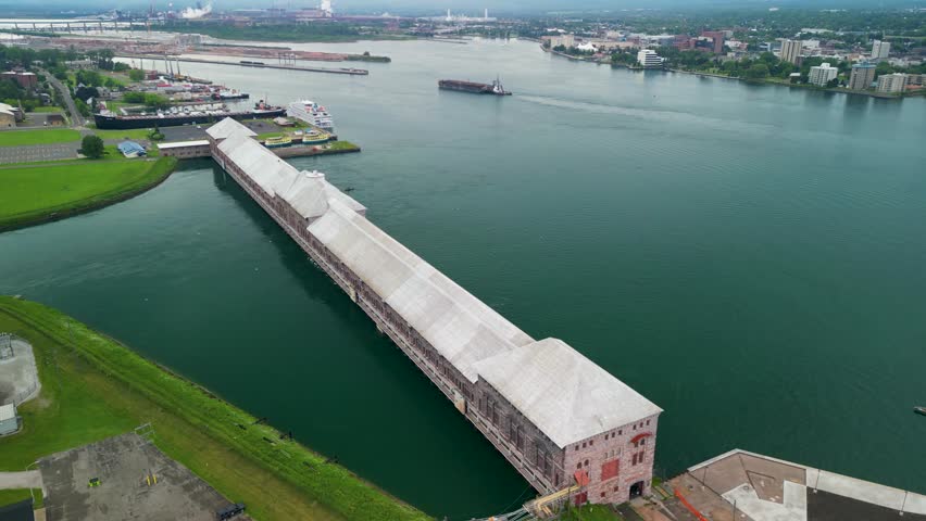 Aerial view of hydroelectric plant in Sault Ste. Marie, Michigan on St. Mary