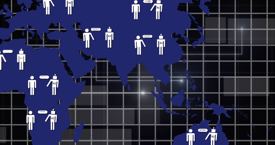 Animation of digital data processing and connections with ai chatbot icons over world map. Global artificial intelligence, connections, computing and data processing concept digitally generated video.