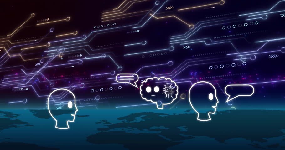 Animation of digital data processing and ai chat bots over dark background. Global artificial intelligence, connections, computing and data processing concept digitally generated video.