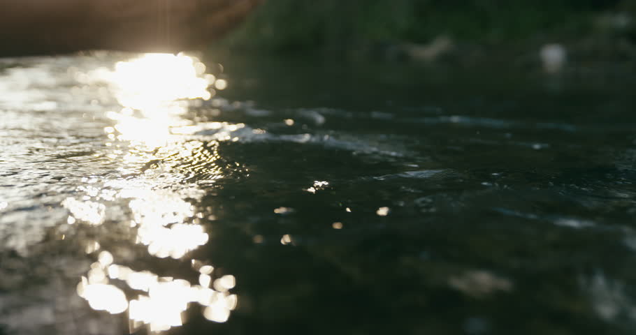 A female hand touching the river water