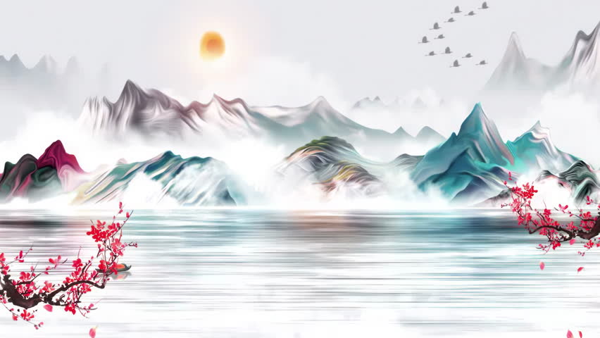 Peaceful Fantasy Nature Chinese style colorful ink landscape plum blossom animation material of beautiful calm trees, mountains, flowers, lake, water, birds, blue sky, boat, cherry blossoms season