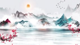 Peaceful Fantasy Nature Chinese style colorful ink landscape plum blossom animation material of beautiful calm trees, mountains, flowers, lake, water, birds, blue sky, boat, cherry blossoms season - Powered by Shutterstock - Get 15% off with code: PIKWIZARD15