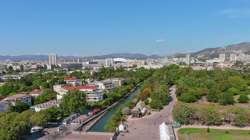 Marseille, France: Aerial view of famous French city by Mediterranean Sea, Borely Park (Parc Borély), summer day with clear blue sky - landscape panorama of Europe from above