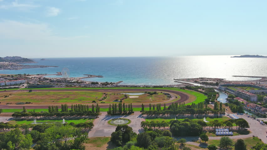 Marseille, France: Aerial view of famous French city by Mediterranean Sea, Borely Park (Parc Borély), summer day with clear blue sky - landscape panorama of Europe from above