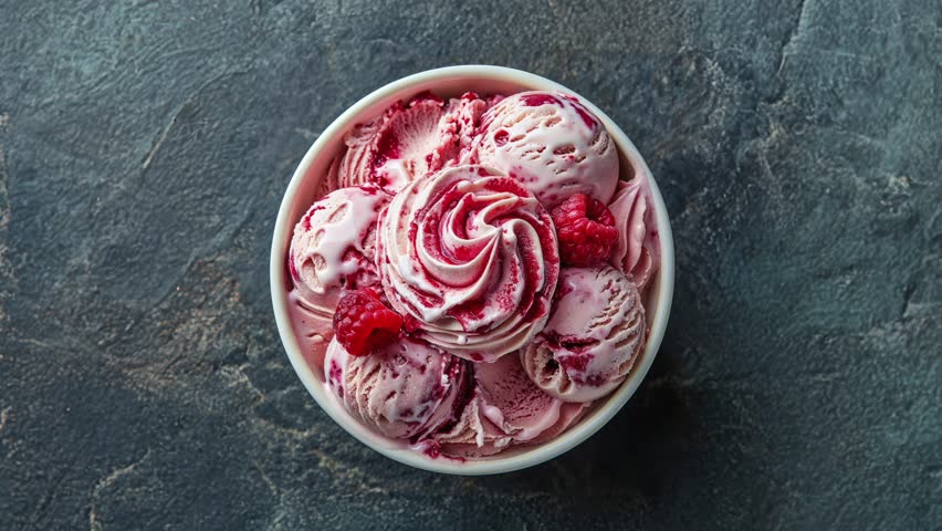 Delicious Raspberry Ice Cream In A Bowl, Top View
