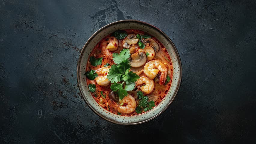 Delicious Bowl Of Spicy Shrimp Soup With Mushrooms And Cilantro