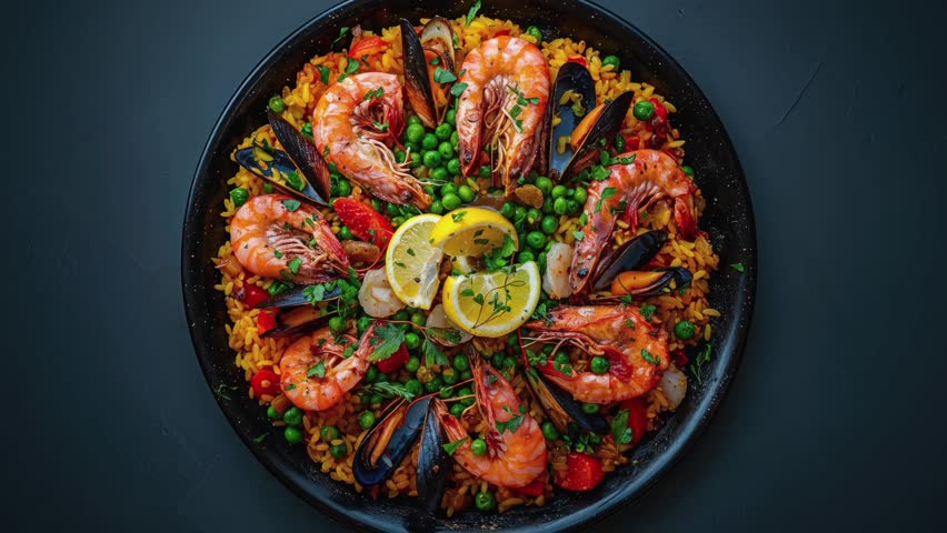 Delicious Seafood Paella With Shrimp, Mussels, And Lemon Slices