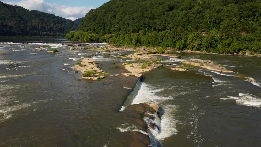 An aerial view of the waterfalls and nature in West Virginia