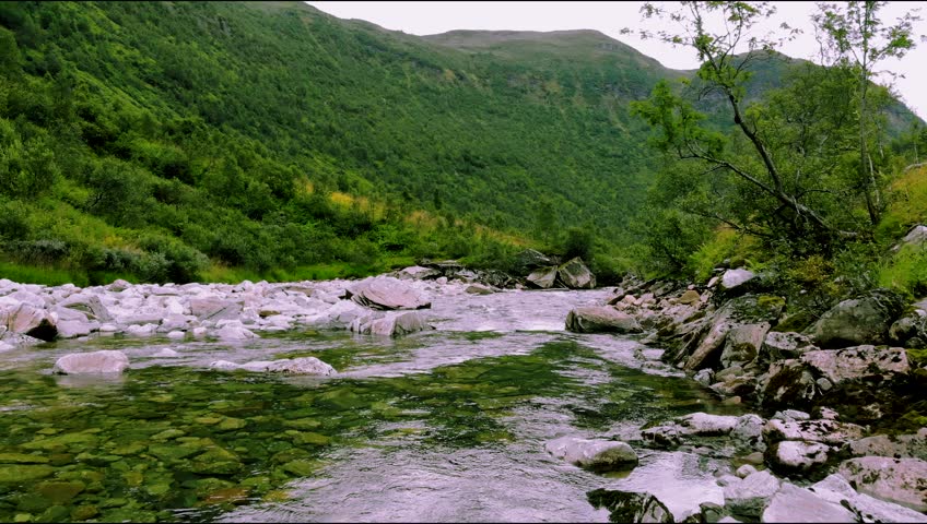 An aerial time-lapse footage of a river flowing in a lush forest in Norway