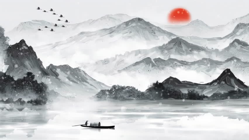 Retro Beautiful Digital art ancient Chinese style ink landscape snow animation national boat trend beautiful morning sky, mountains, flowers, lake, ancient house with simple anime watercolour style.
