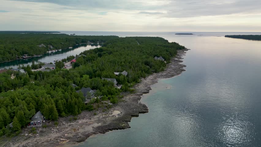 Aerial view of Lake Huron Coastline of Big Tub Harbor and Lighthouse