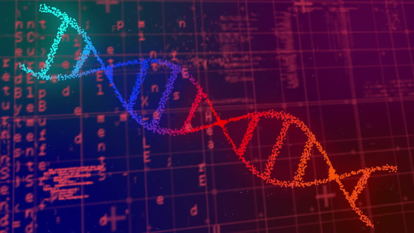 Animation of data processing over dna strand on black backgroud. Global science, technology, computing and digital interface concept digitally generated video.