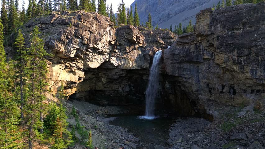 Ruby Falls Waterfall and Gorgeous Rocky Mountain Range outside Jasper National Park in Alberta Canada