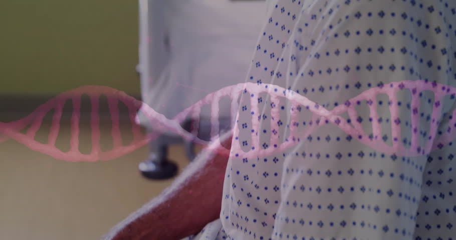 Animation of dna strand over senior caucasian man in hospital. Global science, lifestyle and digital interface concept digitally generated video.