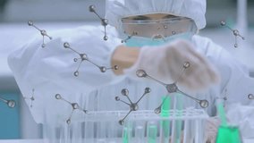 Animation of molecules over caucasian female scientist working in lab. Global science, medicine and digital interface concept digitally generated video. - Powered by Shutterstock - Get 15% off with code: PIKWIZARD15
