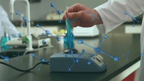 Animation of molecules over caucasian male scientist working in lab. Global science, medicine and digital interface concept digitally generated video. - Powered by Shutterstock - Get 15% off with code: PIKWIZARD15