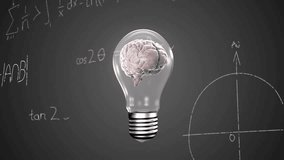 Animation of light bulb with brain over mathematical equations on black background. Global science, education and digital interface concept digitally generated video. - Powered by Shutterstock - Get 15% off with code: PIKWIZARD15