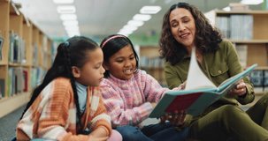 Children, librarian and reading book for support, development and education with story, learning and fun. Woman, kids and teacher for growth, knowledge and together for language, literature and study - Powered by Shutterstock - Get 15% off with code: PIKWIZARD15