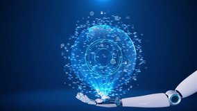 Digital Robot hand cyber technology Global connection. data glowing background. New innovations world. online internet hologram presentation. metaverse smart technology, AI artificial intelligence - Powered by Shutterstock - Get 15% off with code: PIKWIZARD15
