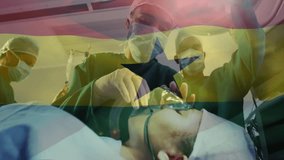 Animation of flag of ghana over diverse surgeons during surgery. Medicine, patriotism and digital interface concept digitally generated video. - Powered by Shutterstock - Get 15% off with code: PIKWIZARD15