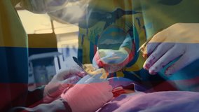 Animation of flag of ecuador over diverse surgeons during surgery. Medicine, patriotism and digital interface concept digitally generated video. - Powered by Shutterstock - Get 15% off with code: PIKWIZARD15